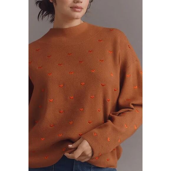 nwt ANTHROPOLOGIE MAEVE sz XL Carys Mock-Neck sweater Cedar Embroidered Hearts - Picture 1 of 3